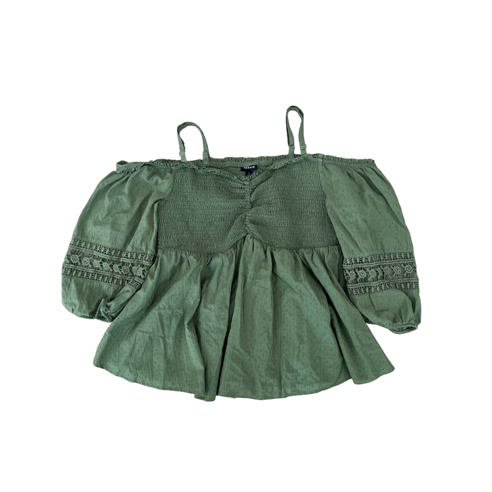 Torrid Cottagecore Boho Smocked Crochet Lace Off Shoulder Top Olive Green 1X